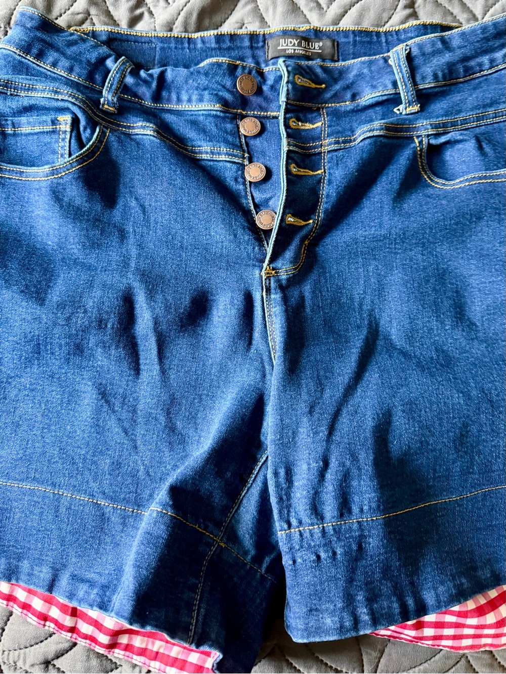 Judy Blue Dark Blue Denim Shorts with Red Gingham Trim